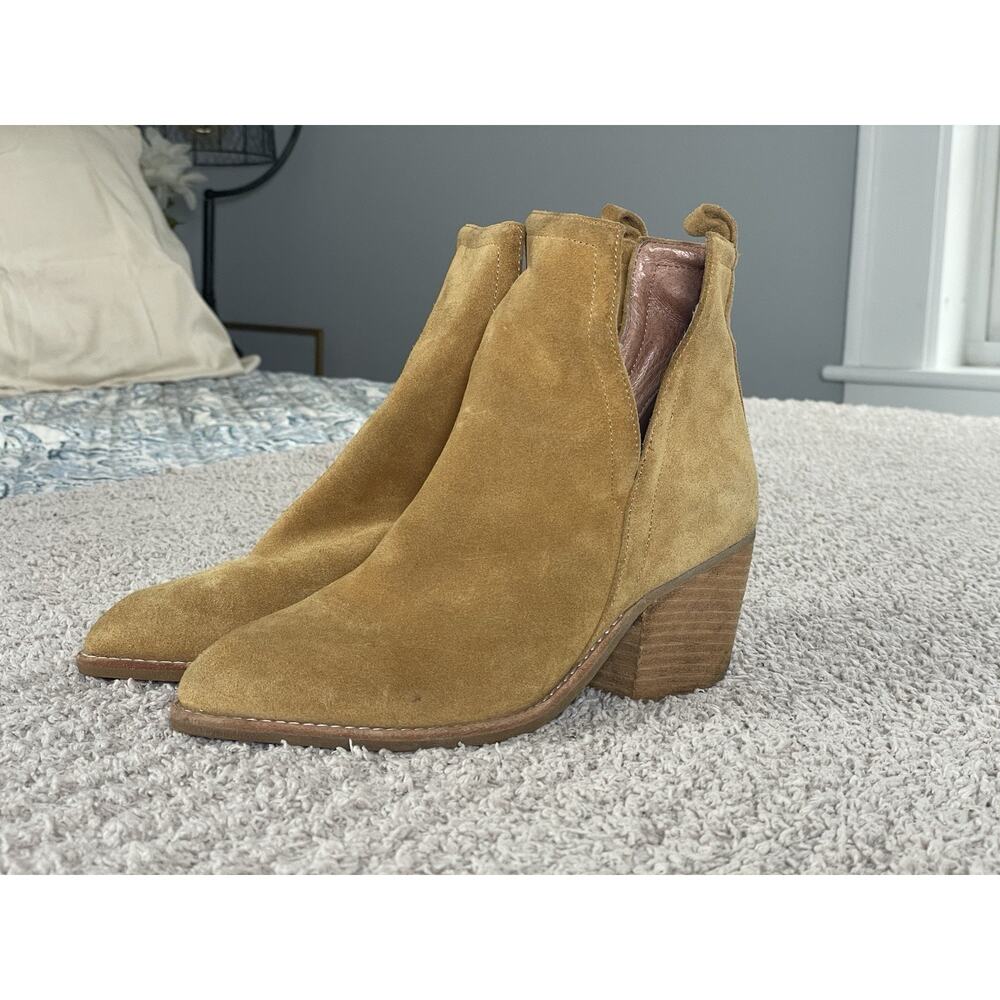 Jeffrey Campbell $209 Orwell Mustard Suede Cut Out Block Heel Booties Size 7.5